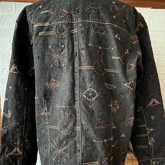 Chico's Lined Black/Brown/Copper Denim Jacket Embroidery Beads - Picture 6 of 12
